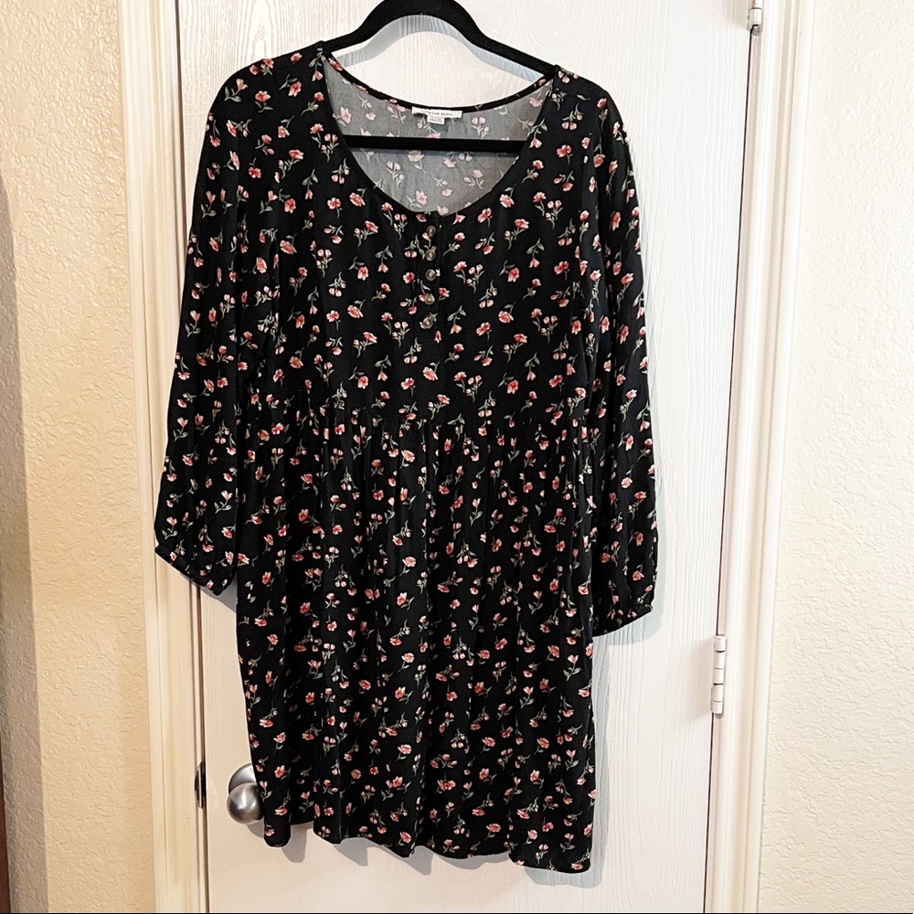 [American Eagle] Black with Mini Rose Print Long Sleeve Boho Babydoll Dress